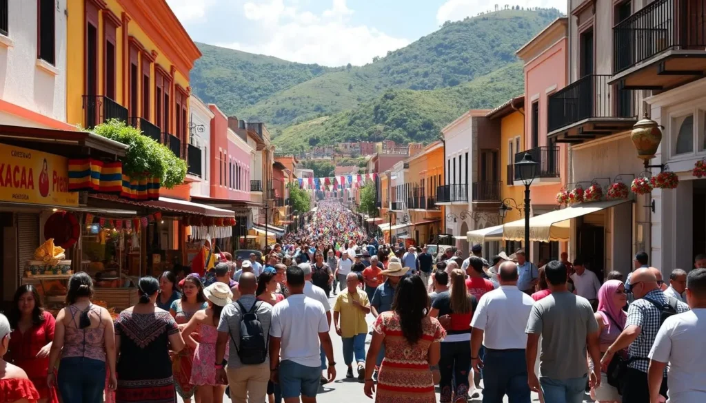 A vibrant street scene in Xalapa, Mexico, showcasing the city's lively weather and festivals. The sun shines brightly, casting warm hues on the colorful buildings and bustling crowds. In the foreground, locals and tourists mingle, donning traditional costumes and carrying festive decorations. Vendors sell an array of tempting street food, their stalls adorned with vibrant textiles. In the middle ground, a parade winds through the streets, with musicians playing energetic rhythms and dancers performing captivating routines. The background features the lush, verdant hills that surround Xalapa, creating a picturesque and inviting atmosphere. The image captures the spirit of Xalapa's vibrant cultural celebrations and the city's pleasant, temperate climate.