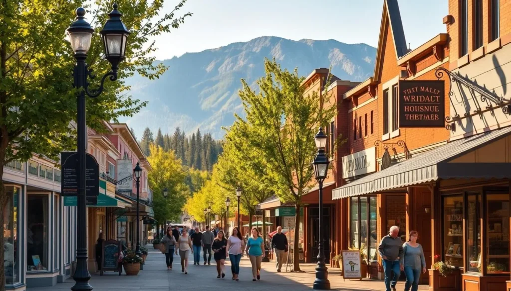 A vibrant street scene in downtown Whitefish, Montana. Quaint shops and boutiques line the sidewalks, their colorful facades and inviting window displays catching the eye. People stroll leisurely, taking in the charming atmosphere. Warm sunlight filters through the trees, casting a golden glow over the bustling town center. Vintage-style lampposts and ornate architectural details add a touch of classic elegance. In the background, the majestic Rocky Mountains rise, framing the picturesque scene. The overall mood is one of small-town charm, inviting visitors to explore the unique local businesses and soak in the welcoming ambiance of downtown Whitefish.