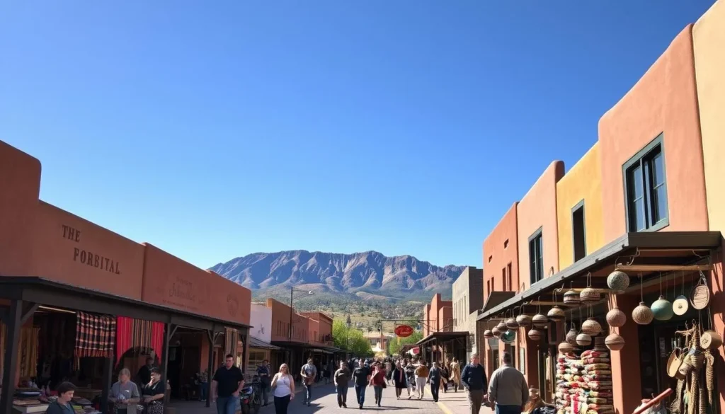 A vibrant street scene in historic Old Town Albuquerque, New Mexico. The sun casts a warm glow over the adobe buildings, their earthy tones contrasting with the clear blue sky. In the foreground, a bustling market with vendors selling handcrafted local wares, from colorful textiles to intricate pottery. The middle ground features pedestrians strolling along the cobblestone streets, soaking in the lively atmosphere. In the background, the iconic Sandia Mountains rise majestically, their rugged peaks a testament to the region's natural beauty. The overall scene conveys the vibrant cultural heritage and welcoming spirit of Albuquerque.