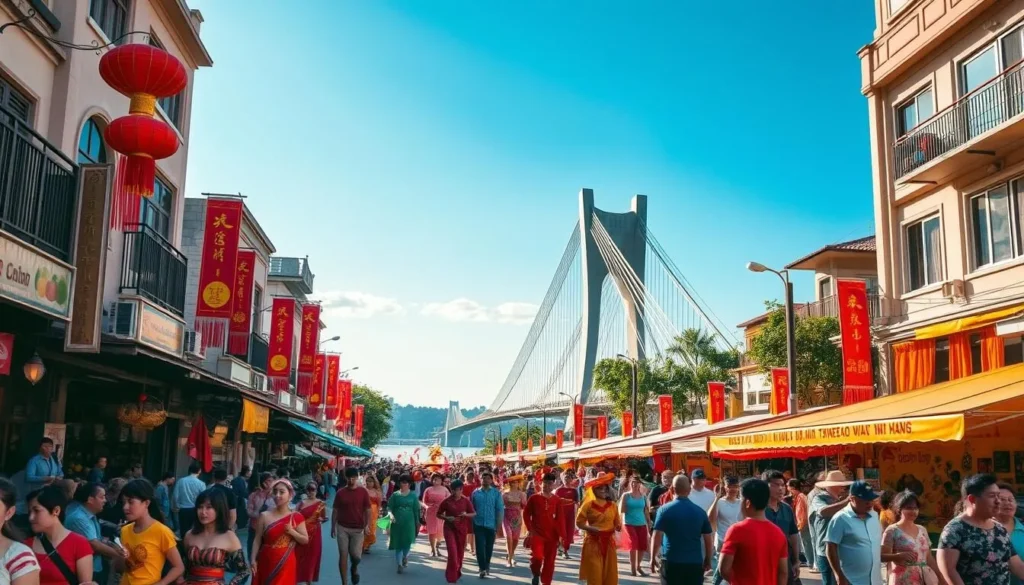 A vibrant street scene in the heart of Da Nang, Vietnam, bathed in warm sunlight. In the foreground, a parade of colorfully dressed performers, dancers, and musicians weave through the bustling crowds, their movements energetic and rhythmic. Decorative lanterns and banners hang from the buildings, casting a festive glow over the scene. In the middle ground, food stalls and local vendors offer a tantalizing array of traditional Vietnamese delicacies, the aroma wafting through the air. In the background, the iconic Dragon Bridge rises majestically, its undulating form reflected in the calm waters of the Han River, framed by a cloudless azure sky. The atmosphere is one of joyous celebration, capturing the vibrant spirit of Da Nang, Vietnam's festival capital.