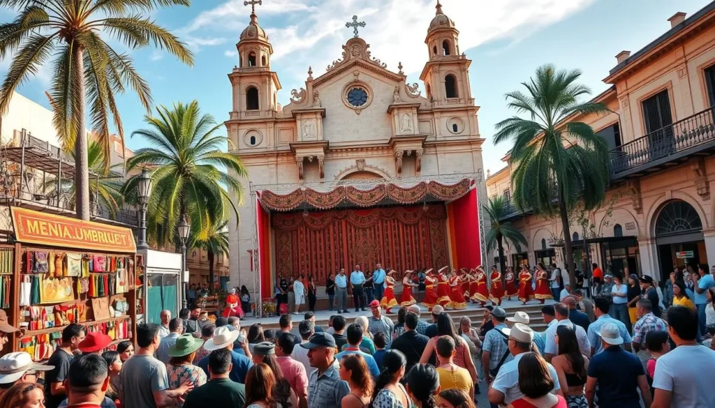 A vibrant street scene in the heart of Hermosillo, Mexico, showcasing the city's rich cultural heritage. In the foreground, a lively crowd gathers around a colorful display of traditional handicrafts and artisanal wares. The middle ground features a stage adorned with intricate tapestries and banners, where a troupe of local dancers performs a captivating folkloric routine. In the background, the imposing façade of a historic cathedral stands tall, its ornate architecture bathed in the warm glow of the afternoon sun. The overall atmosphere conveys a sense of community, celebration, and the enduring spirit of Hermosillo's vibrant cultural traditions.
