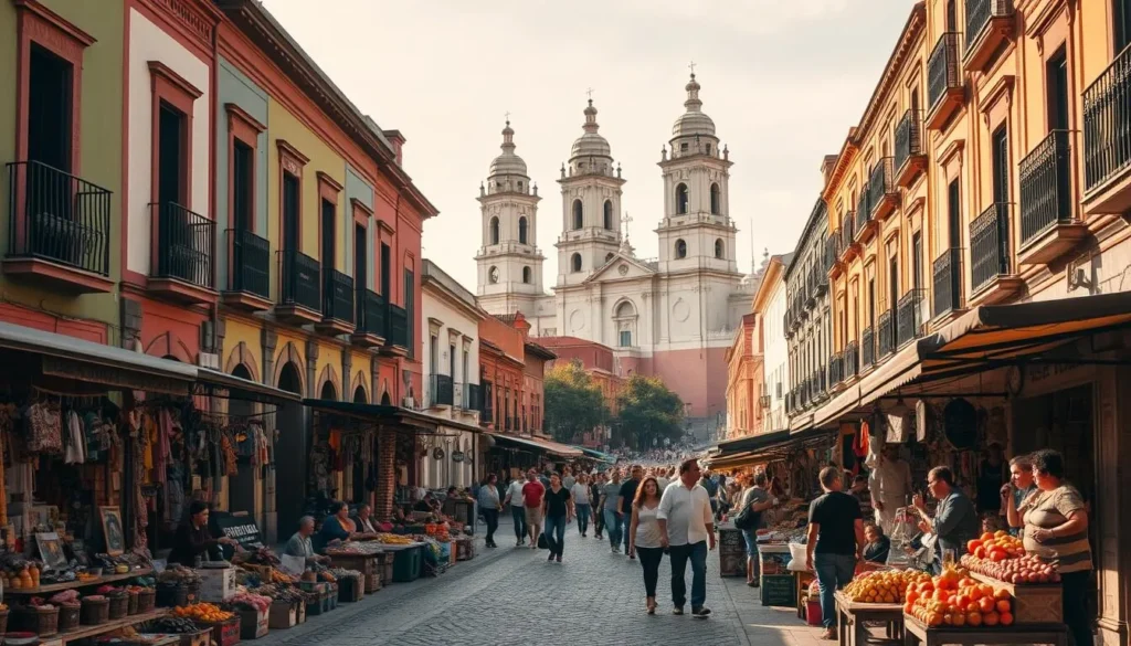 A vibrant street scene in the heart of Oaxaca de Juárez, Mexico. The historic colonial architecture lines the cobblestone streets, with colorful facades and ornate balconies. In the foreground, local vendors sell an array of artisanal crafts and produce under the warm, golden sunlight. A bustling marketplace in the middle ground, filled with the lively chatter of locals and visitors. In the background, the towering Baroque-style churches and bell towers stand tall, reflecting the city's rich cultural heritage. The overall scene evokes a sense of charm, liveliness, and the vibrant essence of this enchanting Mexican city.