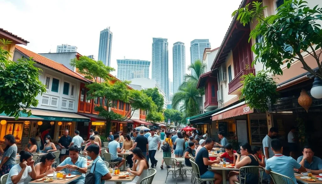 A vibrant street scene in the heart of Singapore, showcasing the city's diverse culinary delights. In the foreground, a lively outdoor dining area bustles with locals and tourists savoring flavorful local dishes like laksa, satay, and char kway teow. The middle ground features a row of traditional shophouses, their colorful facades and intricate architectural details bathed in warm, golden sunlight. In the background, towering skyscrapers and lush greenery create a dynamic skyline, reflecting Singapore's blend of modernity and heritage. The scene is captured with a wide-angle lens, conveying a sense of energy and community, perfectly encapsulating the must-try Singaporean cuisine experience.