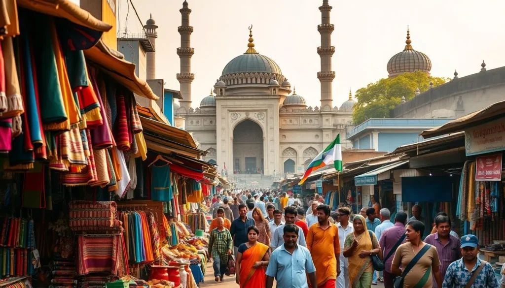 A vibrant street scene in the heart of Sylhet, Bangladesh, with colorful shops, vendors, and bustling crowds. In the foreground, a colorful textile stall displays a rich tapestry of traditional fabrics and garments. In the middle ground, people move through the lively market, immersed in the sights, sounds, and smells of the local culture. The background features the iconic architecture of Sylhet, including intricate mosques and historic buildings, bathed in warm, golden sunlight. The atmosphere is one of cultural richness, energy, and a welcoming sense of community.