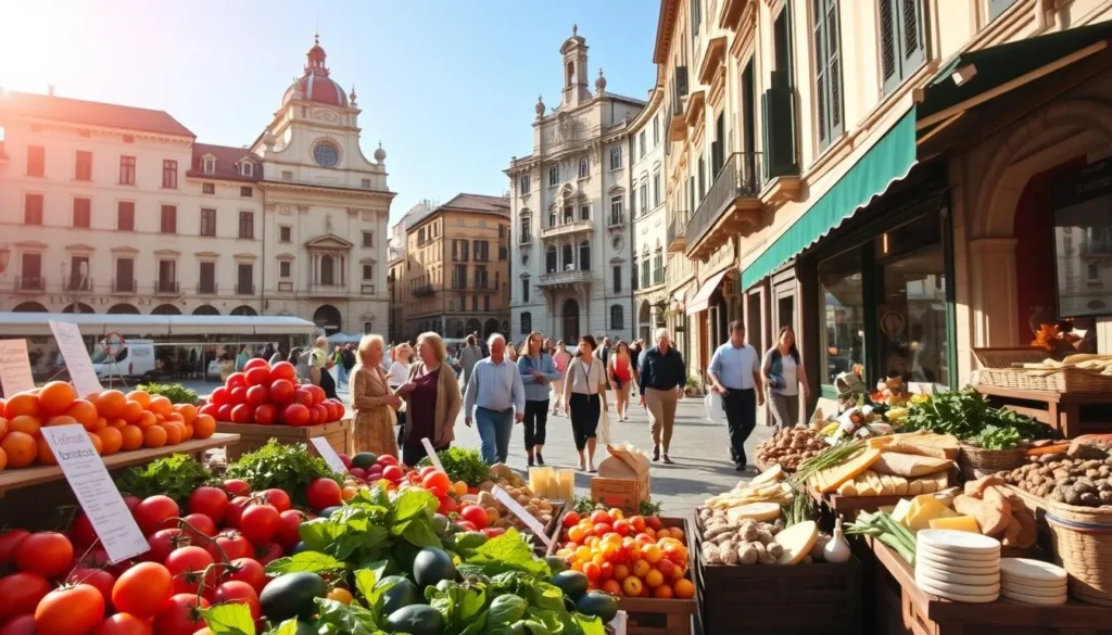 A vibrant street scene in the historic city of Padova, Italy, showcasing the local food and culinary delights. In the foreground, a bustling outdoor market stall displays an array of fresh produce, from ripe tomatoes and leafy greens to artisanal cheeses and cured meats. In the middle ground, people stroll leisurely, carrying bags of local specialties and stopping to savor the aromas wafting from nearby cafes and trattorias. The background features the iconic architecture of Padova, with its ornate buildings and charming cobblestone streets, all bathed in the warm, golden light of a sun-drenched afternoon. The scene exudes a sense of vibrant energy, inviting the viewer to immerse themselves in the rich culinary culture of this captivating Italian city.