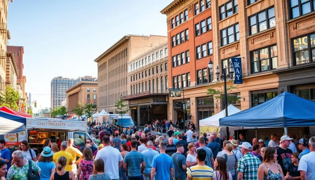 A vibrant street scene of Toledo's bustling downtown, capturing the energy and excitement of its renowned events and festivals. In the foreground, a lively crowd gathers around food trucks and local artisan stalls, the aroma of delectable cuisine wafting through the air. In the middle ground, a stage stands ready for a live musical performance, the crowd eagerly anticipating the upcoming show. In the background, the iconic architecture of Toledo's historic buildings frames the scene, bathed in the warm glow of a sunny afternoon. The mood is one of celebration, community, and the richness of local culture.
