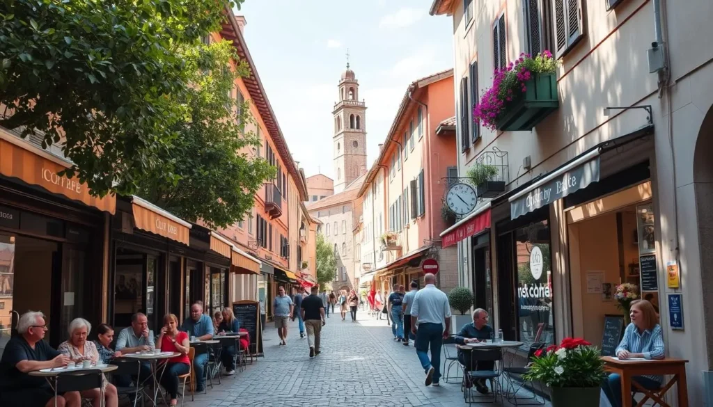 A vibrant streetscape in the Città Bassa, Bergamo's historic lower town, with cozy cafes lining the cobblestone streets. Sunlight filters through the trees, casting a warm glow on the outdoor tables where locals sip espresso and savor pastries. Shopkeepers greet passersby, their storefronts adorned with colorful awnings and flower boxes. In the distance, the bell tower of a medieval church rises above the terracotta rooftops, hinting at the area's rich history. The scene exudes a charming, unhurried atmosphere, inviting visitors to linger and soak in the vibrant local life.