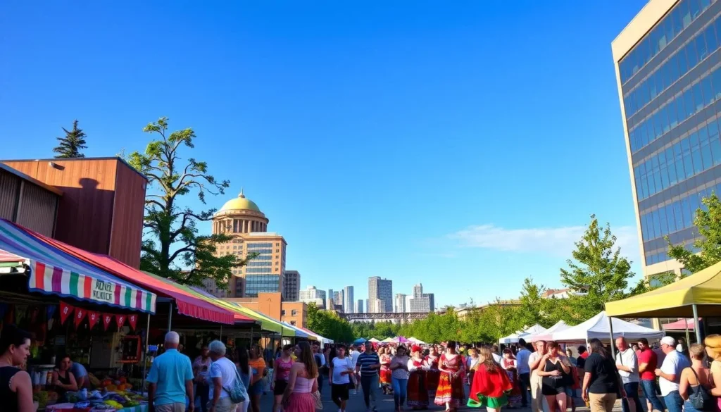 A vibrant summer day in Edmonton, Canada, showcasing the city's lively festivals. In the foreground, a bustling outdoor market with colorful stalls, local artisans, and the aroma of delicious street food. In the middle ground, a parade of dancers in traditional costumes weaves through the crowd, to the rhythm of live music. In the background, the city's skyline is framed by a clear blue sky, punctuated by the iconic architecture of historic buildings. The scene is bathed in warm, golden light, creating a celebratory atmosphere that captures the spirit of Edmonton's diverse cultural festivals.