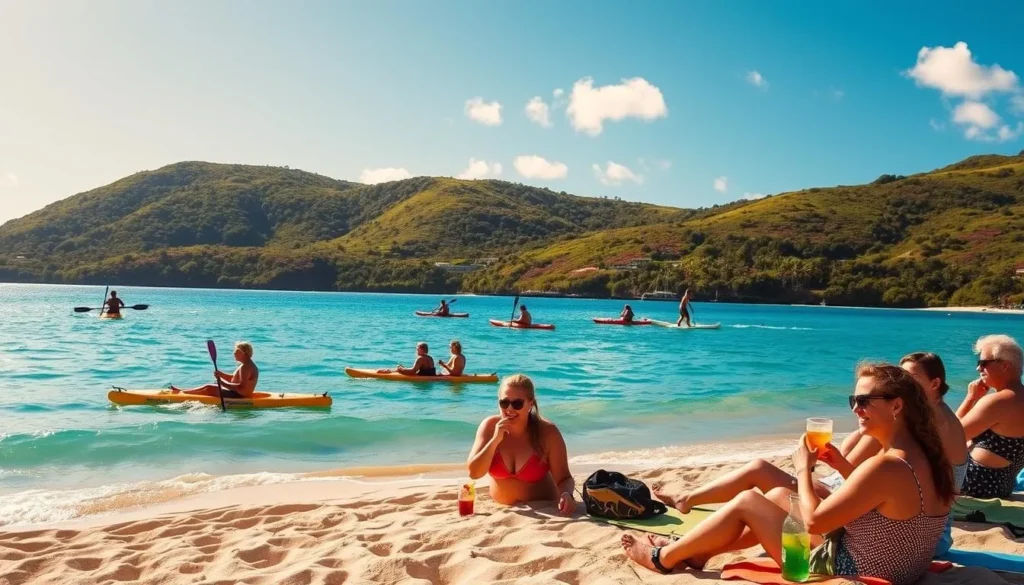 A vibrant summer day on Norfolk Island, sun-dappled and serene. In the foreground, a group of beachgoers relax on the golden sand, sipping tropical drinks and enjoying the gentle lapping of the turquoise waves. In the middle ground, people kayak and paddle board, gliding across the tranquil waters. The background features lush, verdant hills dotted with colorful native flora, bathed in warm, soft lighting. An atmosphere of relaxation and natural beauty pervades the scene, capturing the essence of a perfect Norfolk Island summer.