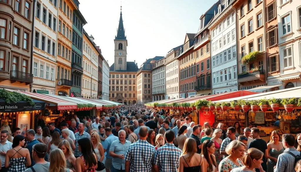A vibrant summer festival in the heart of Zurich, Switzerland. Crowds gather in the bustling streets, drawn by the lively music, delectable aromas, and colorful decorations. In the foreground, people mingle and dance, their faces alight with joy. The middle ground features stalls selling artisanal crafts, regional delicacies, and refreshing beverages. Towering, historic buildings line the background, their facades bathed in warm, golden sunlight, creating a picturesque, timeless scene. The atmosphere is one of celebration, community, and the spirit of the season.