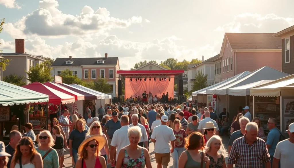A vibrant summer festival scene in Nashua, New Hampshire. In the foreground, crowds of people stroll between colorful food stands and craft vendor booths, enjoying local specialties and browsing unique handmade goods. In the middle ground, a lively stage hosts live music, with dancers and performers entertaining the enthusiastic audience. In the background, classic New England architecture frames the bustling event, bathed in warm, golden sunlight filtering through puffy white clouds. The atmosphere is celebratory and community-driven, capturing the spirit of Nashua's beloved seasonal activities and events.
