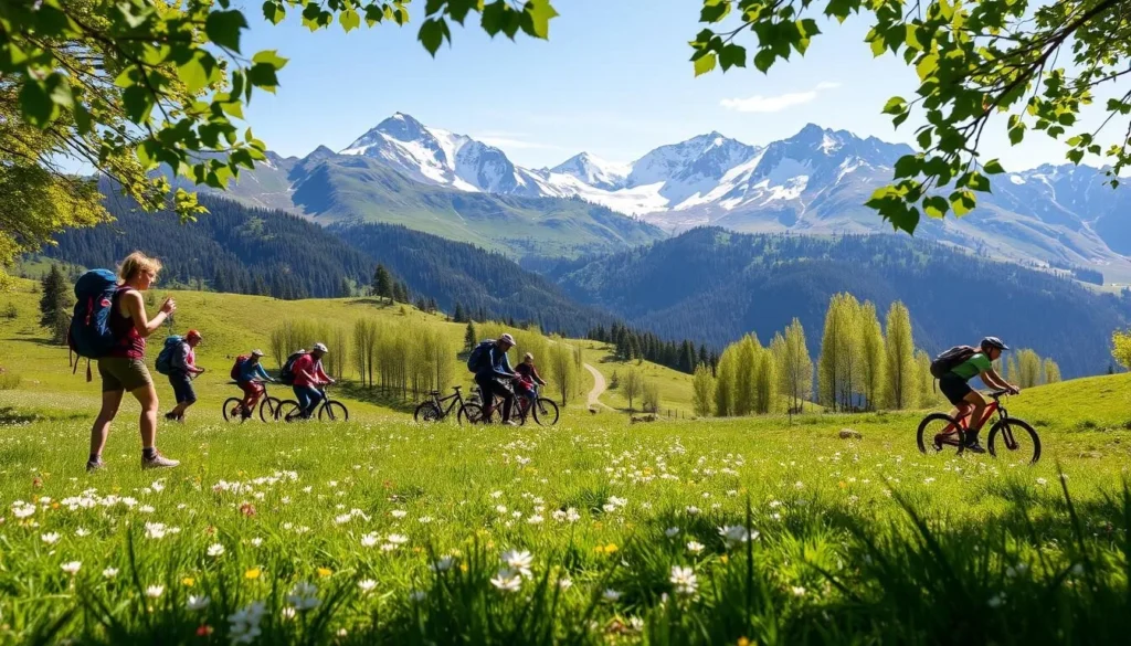 A vibrant summer scene in the idyllic French Alps town of Val-d'Isère. In the foreground, hikers explore verdant meadows dotted with wildflowers, their hiking boots crunching on the lush grass. In the middle ground, mountain bikers zip along scenic trails, weaving through groves of aspen trees. In the background, the majestic peaks of the Vanoise National Park rise up, their snow-capped summits glistening under the warm sun. A gentle breeze rustles the leaves, creating a tranquil atmosphere perfect for outdoor adventure. Capture the essence of a summer day in this picturesque alpine setting, brimming with opportunities for recreation and relaxation.