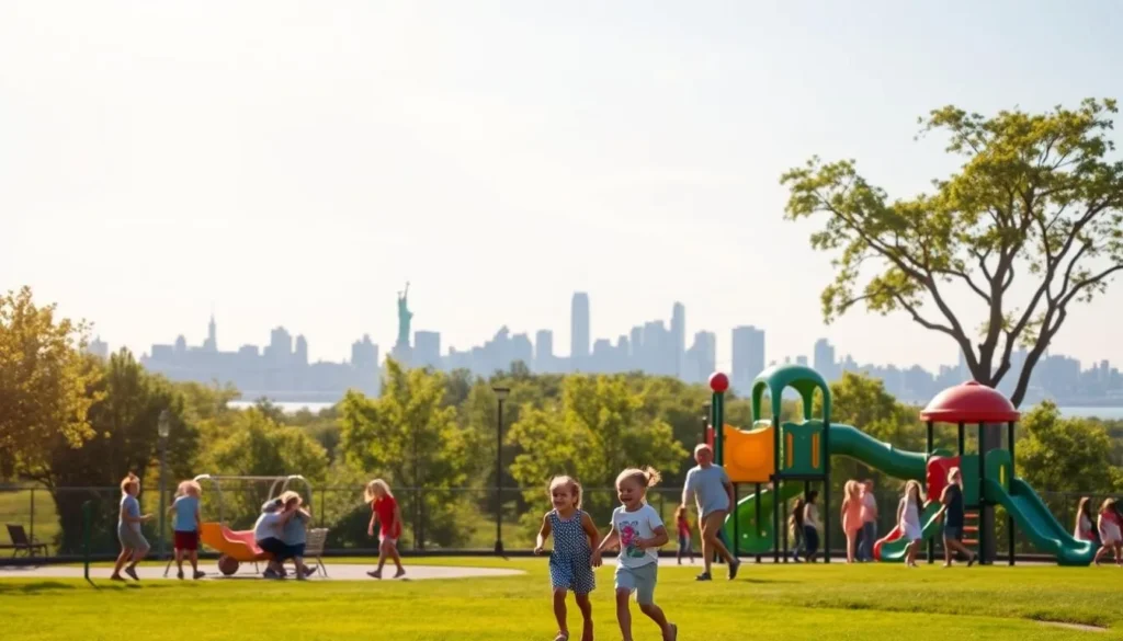A vibrant, sun-dappled scene at Liberty State Park's well-equipped playground. In the foreground, children joyfully play on the colorful slides, swings, and climbing structures, their laughter filling the air. The middle ground features lush green grass and verdant trees, creating a serene and inviting backdrop. In the distance, the iconic Manhattan skyline and the Statue of Liberty stand as a majestic backdrop, reflecting the park's rich history and connection to the surrounding region. Warm, natural lighting bathes the scene, lending a sense of warmth and energy to the family-friendly atmosphere.