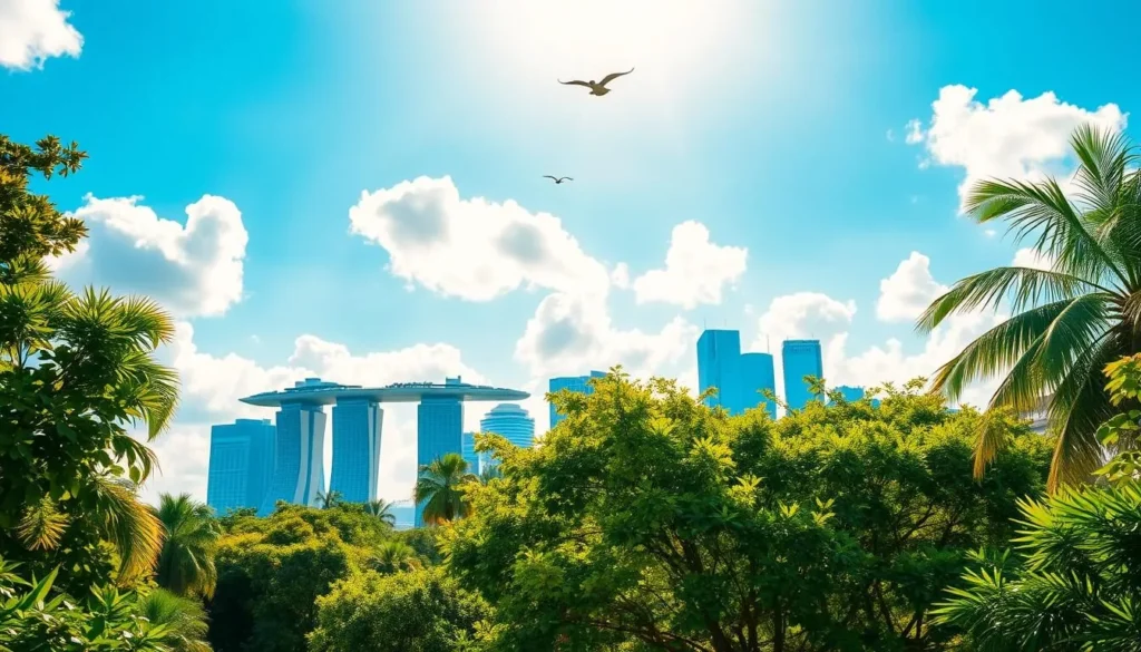 A vibrant, sun-drenched Singapore skyline, with a clear azure sky and fluffy white clouds casting gentle shadows over the iconic Marina Bay Sands and other modern high-rises. In the foreground, lush green trees and tropical foliage create a serene, garden-like atmosphere. The scene is bathed in warm, golden light, capturing the city's pleasant, temperate climate. A slight breeze rustles the leaves, and birds soar gracefully overhead. The overall mood is one of tranquility, comfort, and the perfect conditions for exploring Singapore's attractions.