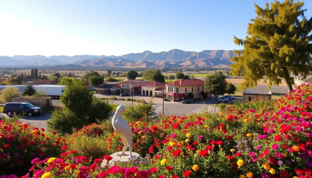 A vibrant, sun-drenched landscape in Santa Clara, California. In the foreground, a lush garden bursting with colorful flowers and shrubs. In the middle ground, a picturesque town square with quaint buildings and tree-lined streets. The background showcases the majestic Santa Clara Range, its rolling hills and peaks bathed in a warm, golden light. The scene captures the unique charm and natural beauty of this idyllic Northern California region, inviting the viewer to explore its enchanting streets and outdoor spaces on a beautiful, cloudless day.