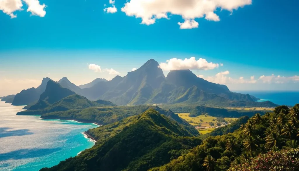A vibrant, sun-drenched landscape of the remote Marquesas Islands, French Polynesia. In the foreground, lush, verdant hills and valleys cascade towards a shimmering azure ocean. Majestic, jagged peaks rise in the middle ground, their silhouettes cast in dramatic shadows. The background features a cloudless sky, painted in shades of cerulean and gold, creating a serene and tranquil atmosphere. Warm, directional lighting bathes the scene, highlighting the island's dramatic topography and lush, tropical foliage. Capture the essence of this remote, untamed paradise, where time seems to stand still.