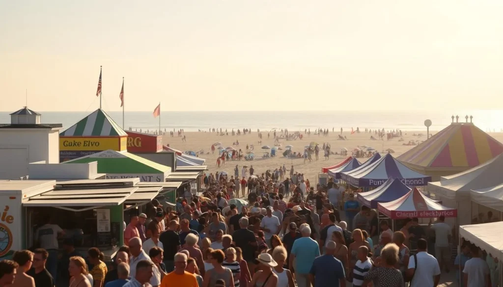 A vibrant, sun-drenched scene of Hampton Beach's bustling weekly events. In the foreground, crowds of people gather around food trucks, their laughter and chatter filling the air. Colorful tents and booths line the boardwalk, offering an array of local crafts, live music, and family-friendly activities. In the middle ground, beachgoers stroll along the sandy shores, their umbrellas and towels dotting the landscape. The distant horizon is framed by the serene Atlantic Ocean, its waves gently lapping against the shoreline. Crisp, natural lighting casts a warm, inviting glow over the entire scene, conveying the lively, festive atmosphere of Hampton Beach's weekly entertainment and special events.