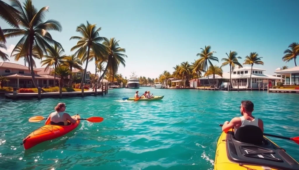 A vibrant, sun-drenched scene of the waterways of Cape Coral, Florida - the "Venice of America." In the foreground, kayakers glide across the shimmering turquoise waters, their paddles creating gentle ripples. Towering palm trees line the banks, casting soft shadows on the tranquil surface. In the middle ground, a group of people enjoy a guided tour on a small pontoon boat, taking in the lush, tropical scenery. The background features the distinctive waterfront homes and docks that define the city's unique character, bathed in warm, golden light. An serene, picturesque atmosphere that captures the essence of water-based adventures in this coastal oasis.