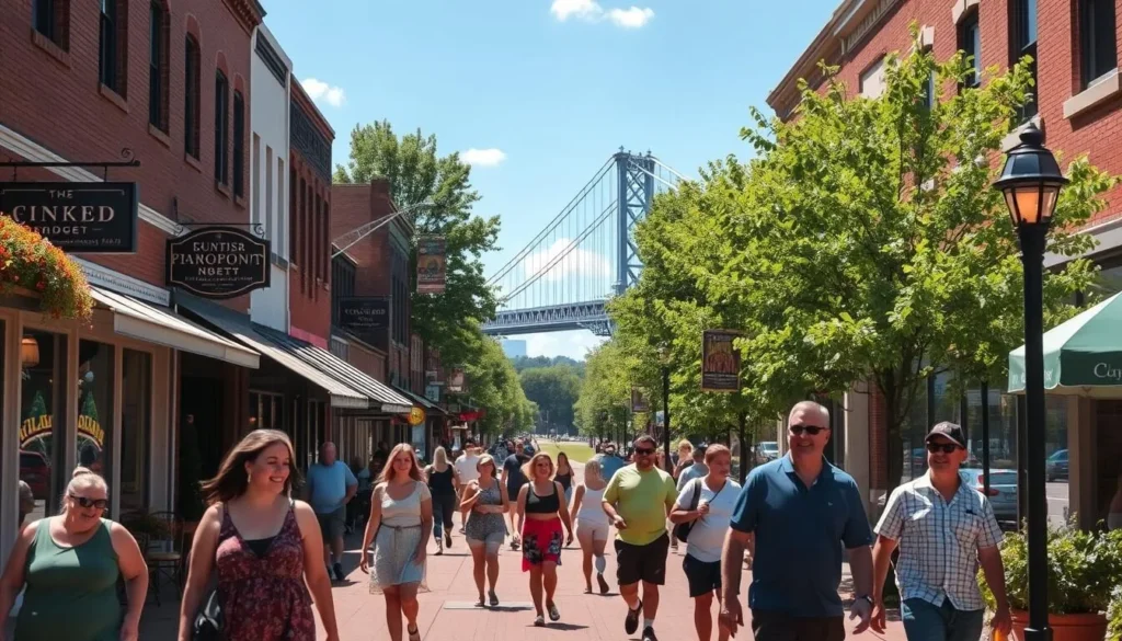 A vibrant, sun-drenched scene showcasing the best of Grand Forks, North Dakota. In the foreground, people stroll along a charming downtown street lined with quaint shops and local eateries, their laughter and energy palpable. In the middle ground, the iconic Greenway trail winds through lush greenery, inviting visitors to explore the city's natural beauty. In the background, the striking silhouette of the Sorlie Memorial Bridge stands proud, a testament to the city's rich history and architectural heritage. The overall mood is one of warmth, community, and adventure, capturing the essence of Grand Forks as a vibrant, welcoming destination.