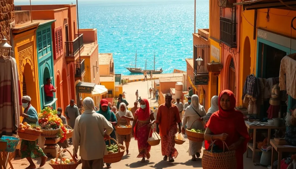 A vibrant, sun-soaked scene in the bustling coastal city of Merca, Somalia. In the foreground, a group of locals navigate the lively open-air market, carrying baskets brimming with fresh produce and handcrafted wares. The middle ground reveals a winding street lined with colorful buildings, their facades adorned with intricate architectural details. In the background, the sparkling azure waters of the Indian Ocean shimmer, with traditional dhow boats gently bobbing on the gentle waves. The warm, golden light casts a welcoming glow, capturing the essence of Merca's welcoming spirit and the practical realities of daily life in this vibrant Somali destination.