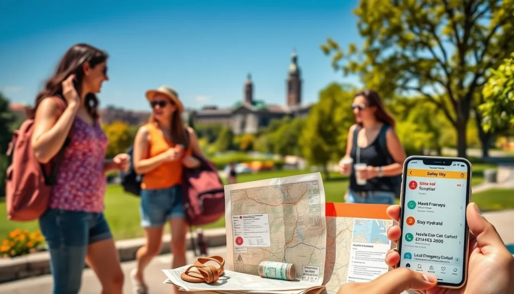 A vibrant sunny day in a picturesque city, with a lush park in the background. In the foreground, a group of travelers enjoying various safety tips - wearing comfortable walking shoes, applying sunscreen, carrying a well-stocked first-aid kit, and staying hydrated. The middle ground features a map, a travel guide, and a smartphone displaying local emergency contact information. Warm, natural lighting illuminates the scene, creating a welcoming and informative atmosphere for those seeking a safe and enjoyable journey.