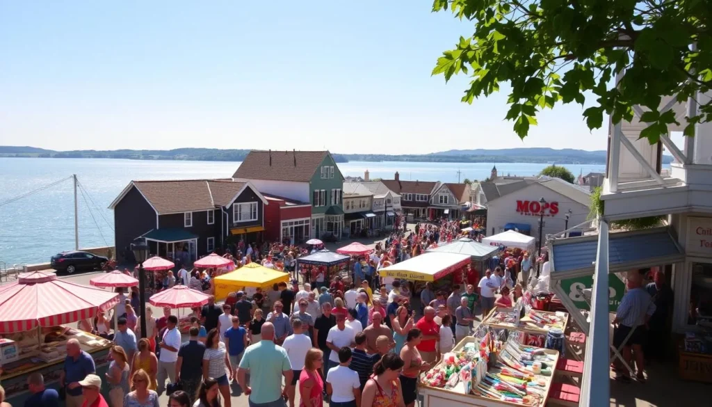 A vibrant, sunny day on the picturesque Put-in-Bay Island, Ohio. In the foreground, a lively crowd gathers around a bustling outdoor festival, with food vendors, live music, and colorful booths showcasing local crafts and artwork. The middle ground features a quaint, historic downtown area with charming shops and restaurants, while in the background, the sparkling waters of Lake Erie and the rolling hills create a serene, natural backdrop. The scene is illuminated by warm, golden sunlight, creating a inviting and festive atmosphere that captures the essence of the island's seasonal events and celebrations.
