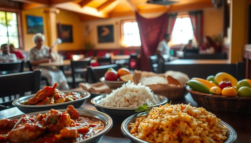 A vibrant table setting in a cozy Beira cafe, showcasing the rich flavors of Mozambican cuisine. In the foreground, a variety of traditional dishes - steaming seafood stew, spicy piri-piri chicken, and fragrant rice with coconut shavings. Midground features freshly baked pao, the iconic Mozambican bread, alongside a platter of colorful tropical fruits. The background depicts a warm, sun-dappled interior with wooden beams and vibrant textiles, creating an inviting and authentic atmosphere. Soft, directional lighting highlights the textures and colors of the sumptuous spread, inviting the viewer to savor the aromatic and flavorful delights of Mozambican culinary traditions.