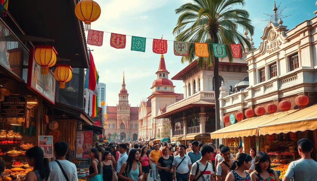 A vibrant tapestry of cultures, colors, and traditions unfolds in the heart of Singapore. In the foreground, a lively street festival bustles with vendors selling fragrant spices, intricate handicrafts, and sizzling delicacies. Overhead, colorful banners and lanterns sway gently in the warm breeze, casting a soft, inviting glow. In the middle ground, a diverse crowd of locals and tourists mingle, exchanging laughter and sharing stories. The background features grand, ornate temples and colonial-era architecture, a testament to the city's rich heritage. Warm, natural lighting bathes the scene, creating a sense of vibrancy and celebration. Capture the essence of Singapore's cultural tapestry, where traditions and modernity seamlessly intertwine.