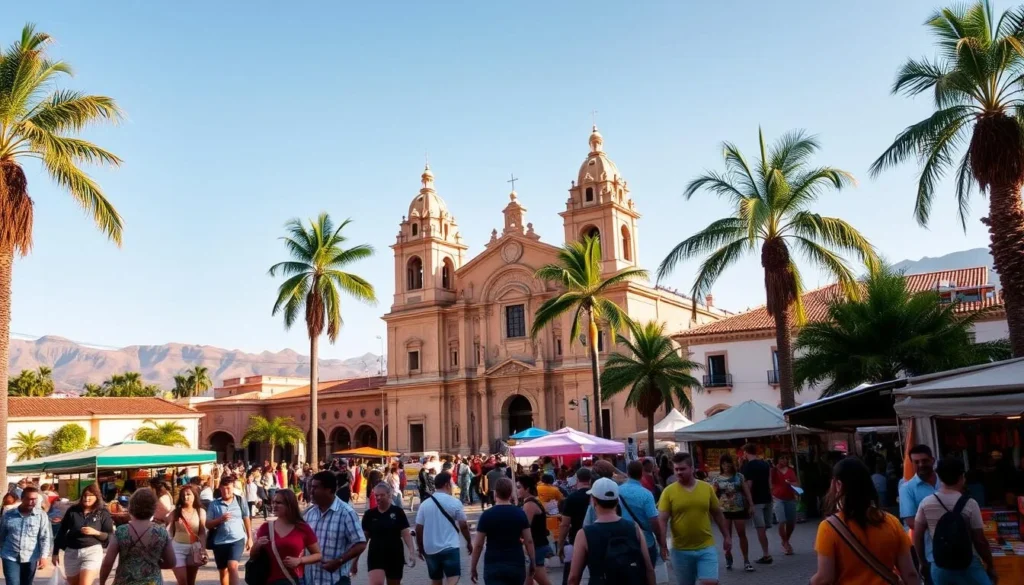 A vibrant town square in Cuernavaca, Mexico, bustling with locals and visitors alike. In the foreground, people stroll leisurely, admiring the architectural wonders that surround the Zocalo. Vendors sell colorful handicrafts and traditional Mexican snacks, their lively chatter adding to the festive atmosphere. The middle ground features a grand cathedral, its ornate facade bathed in warm, golden sunlight. In the background, palm trees sway gently, contrasting with the terracotta rooftops and the distant mountains that frame the scene. The overall mood is one of vibrant energy, inviting the viewer to immerse themselves in the rich cultural tapestry of Cuernavaca.