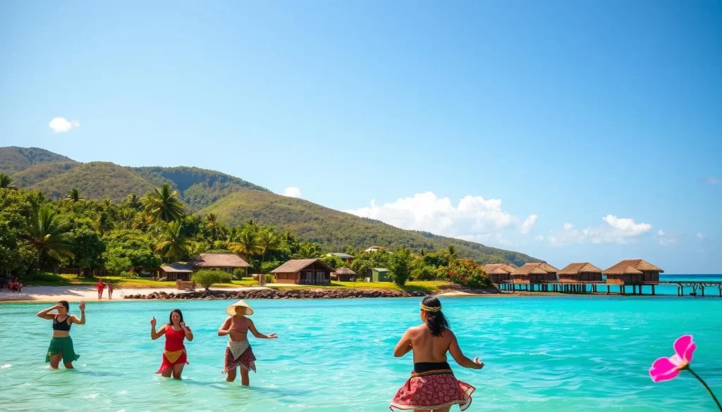 A vibrant tropical island paradise, Tuvalu's lush greenery and crystal-clear turquoise waters create a serene, idyllic scene. In the foreground, a group of locals in traditional clothing engage in cultural activities, their movements graceful and rhythmic. In the middle ground, thatched-roof huts and palm trees dot the landscape, reflecting the simple, sustainable way of life. The background features a stunning vista of the island's gently sloping hills, dotted with vibrant flowers and framed by a bright, cloudless sky. The warm, golden sunlight bathes the entire scene, creating a sense of tranquility and timelessness. This image captures the essence of Tuvalu's island paradise, inviting the viewer to immerse themselves in the beauty and traditional culture of this unique Pacific nation.
