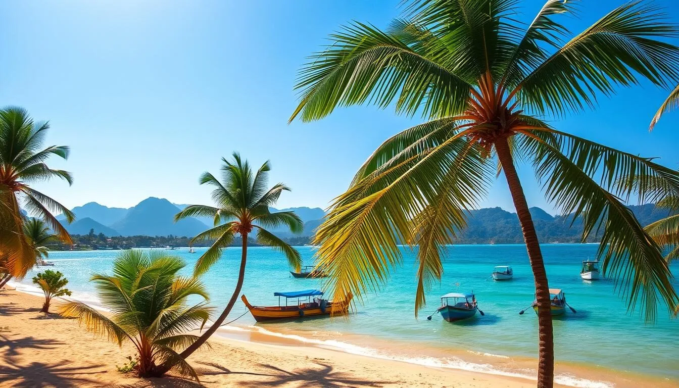 A vibrant tropical landscape in Sihanoukville, Cambodia, on a sunny day. In the foreground, lush palm trees sway gently in a warm breeze, their fronds casting gentle shadows on the pristine golden sand beach. The tranquil turquoise waters of the Gulf of Thailand glisten in the midday sun, inviting beachgoers to take a refreshing dip. In the middle ground, traditional fishing boats bob on the calm waves, their colorful hulls and sails adding a vibrant touch to the scene. The background features a hazy silhouette of verdant hills and mountains, creating a picturesque backdrop for this idyllic coastal setting. The overall mood is one of serenity and relaxation, perfectly capturing the best months for a weather-savvy trip to Sihanoukville.
