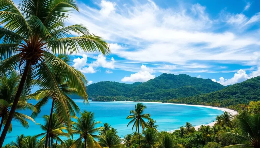 A vibrant tropical landscape in Vanuatu, under a brilliant azure sky dotted with wispy white clouds. In the foreground, lush palm trees sway gently in the warm ocean breeze, their fronds casting dappled shadows on the pristine white sand beach. In the middle ground, rolling green hills covered in dense, verdant foliage stretch out towards the horizon. Turquoise waters of the South Pacific lazily lap at the shore, their gentle waves reflecting the warm tropical sunlight. The overall mood is one of tranquility and natural beauty, perfectly capturing the essence of Vanuatu's idyllic tropical climate.