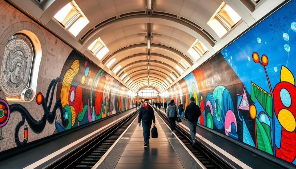 A vibrant underground art gallery showcasing the distinctive character of Düsseldorf's U-Bahn system. Capture the striking murals, intricate mosaics, and colorful abstract installations lining the station walls, illuminated by warm natural light filtering through the large windows. Depict the sleek, modern architecture of the platform, with elegant archways and high ceilings that create a sense of openness and grandeur. Include commuters casually traversing the space, observing the captivating artworks that transform this functional transit hub into a captivating cultural destination.