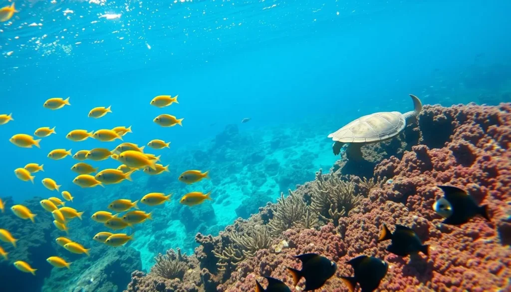 A vibrant underwater scene at Ko Olina Lagoon 4, Oahu, Hawaii. The crystal-clear waters are teeming with a diverse array of marine life. In the foreground, a school of tropical fish in vibrant hues of blue, yellow, and orange dart through the shimmering sunlight that filters down from the surface. In the middle ground, a graceful sea turtle glides effortlessly, its shell reflecting the greens and browns of the coral formations below. The background showcases a lush, vibrant seascape, with schools of smaller fish and the occasional glimpse of a larger predator. Captured with a wide-angle lens, the scene conveys a sense of depth and exploration, inviting the viewer to immerse themselves in the captivating world of the Ko Olina Lagoon.