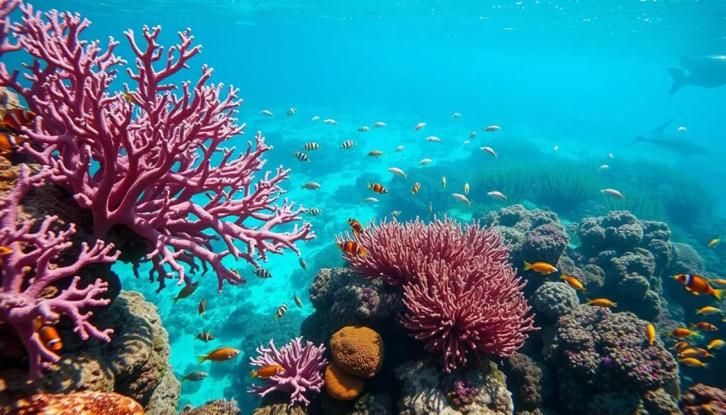 A vibrant underwater scene of a thriving coral reef teeming with marine life. In the foreground, intricate branching corals in shades of pink, purple, and orange sway gently with the ocean currents. Schools of colorful tropical fish, such as clownfish, angelfish, and parrotfish, dart among the coral structures. In the middle ground, sunlight filters down through the clear, turquoise water, casting a warm, natural glow on the scene. In the background, undulating fields of seagrass and the silhouettes of larger reef inhabitants, like manta rays or sea turtles, create a sense of depth and tranquility. The overall composition evokes the vibrant, thriving ecosystem of a healthy coral reef, capturing the beauty and importance of this fragile marine environment.