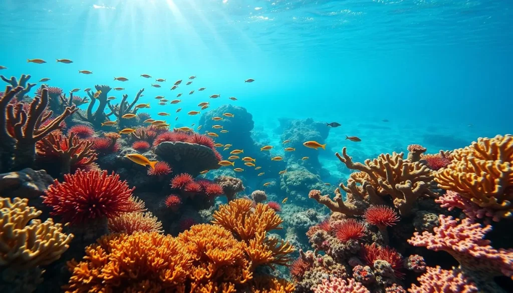 A vibrant underwater scene showcasing a lush coral reef ecosystem. Shimmering sunlight filters through the crystal-clear ocean waters, illuminating the intricate structures and vibrant hues of the corals. Schools of tropical fish dart amongst the branching coral formations, their scales gleaming in the dappled light. The foreground is dominated by a diverse array of coral polyps in shades of red, yellow, and green, their delicate tentacles waving gently in the current. In the middle ground, larger brain and table corals create a stunning seascape, while the background features a hazy vista of distant reef structures. The overall mood is one of serene tranquility, inviting the viewer to explore the underwater wonderland.