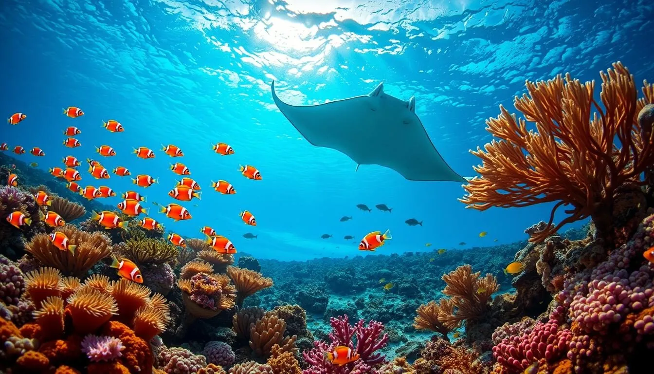 A vibrant underwater scene showcasing the remarkable marine life of Ningaloo Reef. In the foreground, a school of vibrant clownfish dart among the swaying, colorful coral formations. In the middle ground, a graceful manta ray glides through the crystal-clear waters, its wide wings casting intricate shadows. In the background, sunlight filters through the surface, illuminating the diverse array of tropical fish and sea creatures. Capture the essence of this thriving, biodiverse ecosystem with a sense of tranquility and wonder.