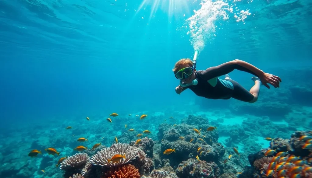 A vibrant underwater scene with a snorkeler exploring the crystal-clear waters of Niue. Rays of sunlight filter through the turquoise depths, illuminating a colorful array of marine life. The snorkeler, in a wetsuit, glides effortlessly, gazing in wonder at the coral formations and schools of tropical fish darting around. In the background, glimpses of the island's rocky coastline can be seen, hinting at the lush landscapes above the surface. The overall mood is one of serene exploration, capturing the essence of Niue's weather-perfect conditions for water-based activities.