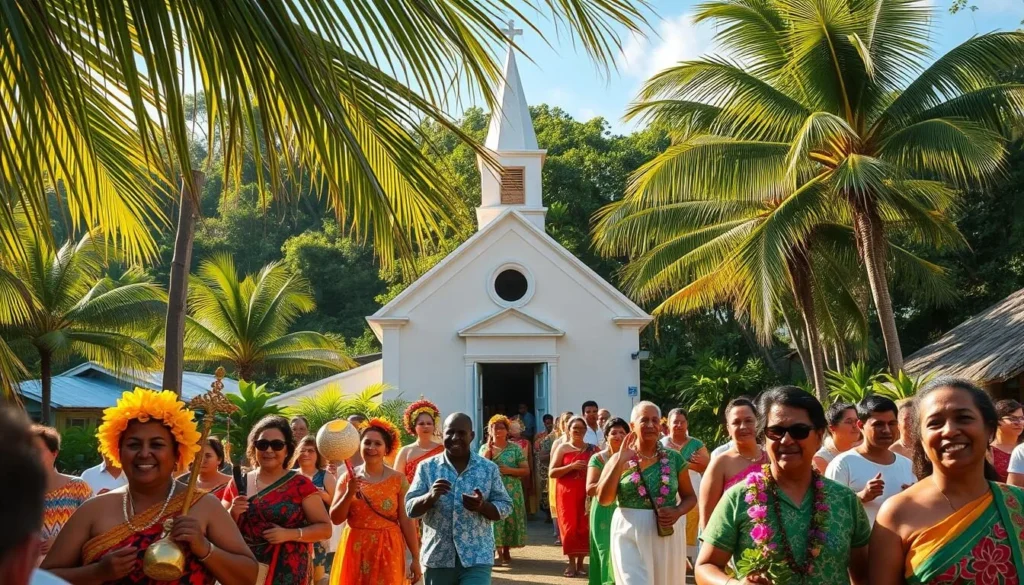 A vibrant village on the island of Niue, bathed in warm sunlight. In the foreground, a procession of locals in traditional dress carrying ceremonial objects, their faces alight with joy. In the middle ground, the stately white steeple of a quaint church, its doors open to welcome worshippers. Surrounding the scene, lush tropical foliage sways gently in the breeze, creating a serene and tranquil atmosphere. The image captures the rich cultural heritage and deep spirituality of Niue's religious celebrations, inviting the viewer to immerse themselves in the island's unique and captivating traditions.