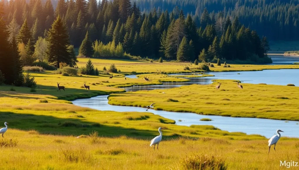 A vibrant wildlife refuge nestled along the serene Siletz Bay in Lincoln City, Oregon. Sprawling meadows dotted with towering evergreens frame the tranquil waters, inviting a variety of migratory birds and other native fauna. Capture the essence of this protected habitat with a wide-angle lens, showcasing the lush, verdant landscape under the warm glow of a sun-dappled afternoon. Witness egrets gracefully wading through the shallows, bald eagles soaring overhead, and deer cautiously emerging from the forest edge. Convey a sense of peaceful coexistence between man and nature in this picturesque Pacific Northwest setting.