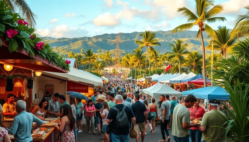 A vibrant winter scene in Maui, Hawaii. In the foreground, locals and tourists gather around food stalls, enjoying traditional Hawaiian cuisine and live music. In the middle ground, colorful tents and decorations line the streets, creating a festive atmosphere. The background showcases the island's lush, verdant landscape, with palm trees swaying gently in the warm breeze. The lighting is soft and natural, casting a warm glow over the entire scene. A high-angle, wide-angle lens captures the energy and excitement of the winter festivals, conveying the spirit of celebration and community.