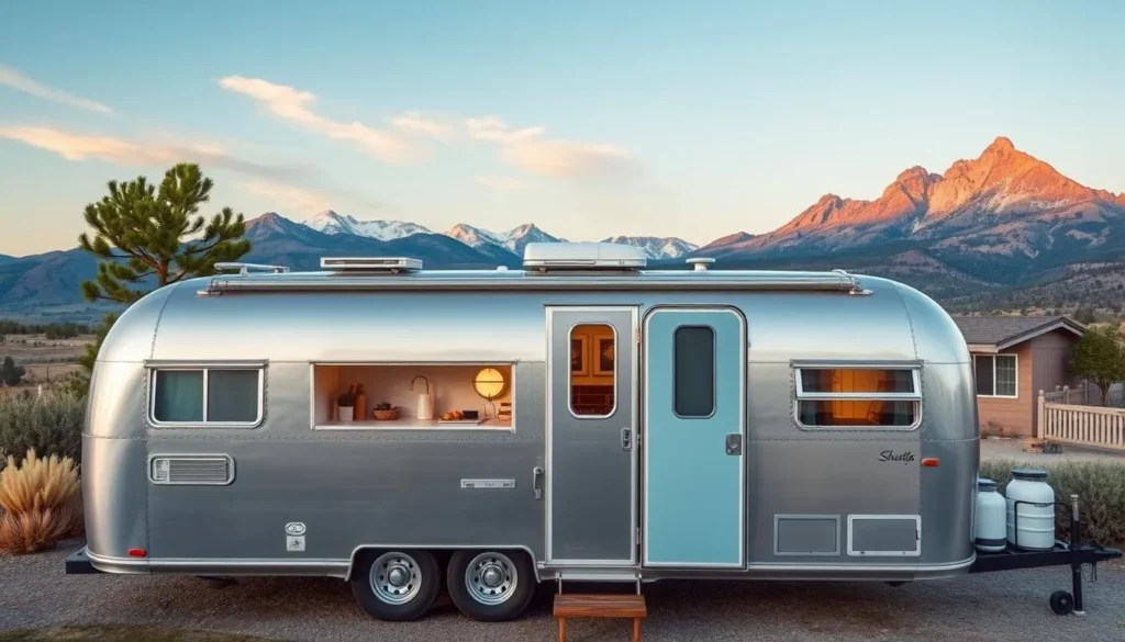 A vintage Shasta trailer renovated with modern amenities in a scenic setting