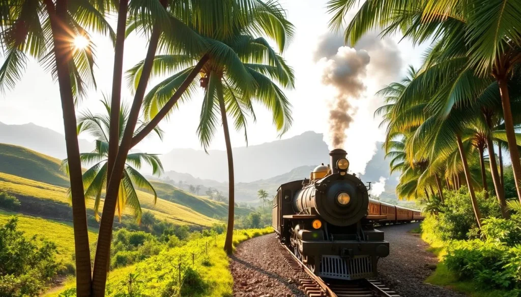 A vintage steam locomotive chugging through the lush, verdant landscape of Kauai's Plantation Railway. The train is surrounded by towering palm trees, rolling hills, and the distant, hazy outline of mountains. Sunlight filters through the leaves, casting a warm, golden glow over the scene. The locomotive's polished brass fittings and billowing steam create a nostalgic, timeless atmosphere. The tracks wind through the plantation, hinting at the railway's role in the island's agricultural past. The composition captures the tranquil beauty and historical significance of this unique Hawaiian railway.