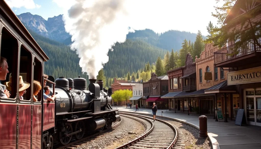 A vintage steam locomotive chugs along the winding tracks of Virginia City, Montana, its billowing smoke filling the crisp mountain air. Passengers lean out of the carriage windows, their faces aglow with wonder as they take in the rugged, picturesque landscape - towering peaks, verdant forests, and historic buildings that seem to transport them back in time. The train navigates a gentle curve, offering a panoramic view of the town's charming main street, lined with weathered wooden storefronts and saloons. Warm sunlight filters through the trees, casting a warm, nostalgic glow over the entire scene, evoking the spirit of the Old West.