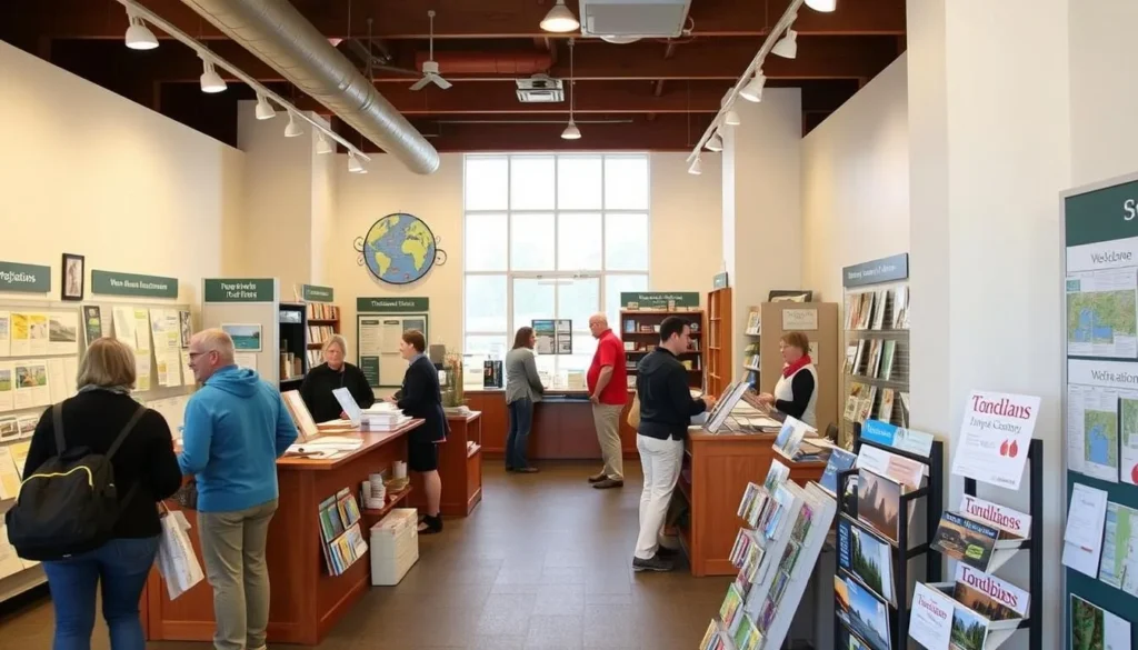 A visitor center information desk in Tompkins County with maps and brochures A visitor center information desk in Tompkins County with maps and brochures