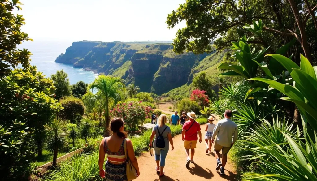 A warm summer day at Limahuli Garden, Kauai. Visitors strolling leisurely through the lush, verdant landscape, admiring the vibrant tropical flora. In the foreground, a group of tourists pauses to take in the sweeping ocean vistas, their faces lit by the soft, golden sunlight filtering through the canopy of trees. In the middle ground, a family explores the carefully curated pathways, marveling at the diverse array of native Hawaiian plants. The background features the rugged, emerald-hued cliffs that frame this botanical paradise, creating a picturesque and serene atmosphere. The scene is captured with a wide-angle lens to emphasize the grandeur of the setting, while the lighting and composition evoke a sense of tranquility and wonder.