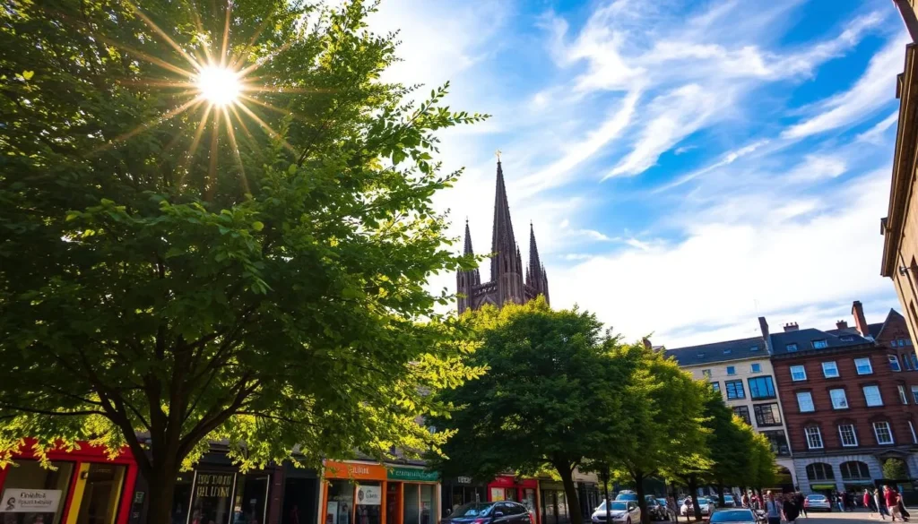A warm summer day in Dublin, Ireland. Bright, golden sunlight filters through wispy clouds, casting a gentle glow over the city's historic architecture. In the foreground, lush green trees sway in a light breeze, their leaves rustling. Mid-ground features colorful storefronts and bustling pedestrians enjoying the pleasant weather, ambling along the cobblestone streets. In the background, the iconic spires of St. Patrick's Cathedral rise up, silhouetted against a vibrant azure sky. The atmosphere is one of tranquility and joie de vivre, capturing the essence of a Dublin summer.