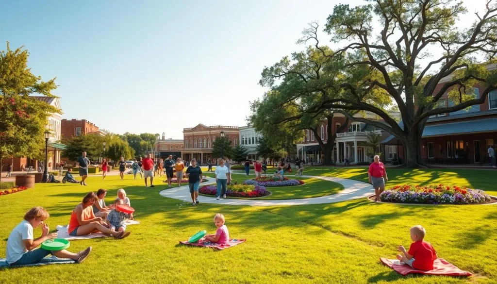 A warm summer day in Rolla, Missouri. In the foreground, families picnicking on lush green grass, children playing with frisbees and bubbles. In the middle ground, people strolling along a winding path, admiring vibrant flowerbeds and towering oak trees. In the background, the historic buildings of Rolla's downtown, their facades bathed in golden afternoon light. The scene is filled with a sense of joy and leisure, capturing the essence of Rolla's seasonal delights. Captured with a wide-angle lens to emphasize the depth and scale of the setting, the image conveys the tranquil, community-oriented atmosphere of this Midwestern town.