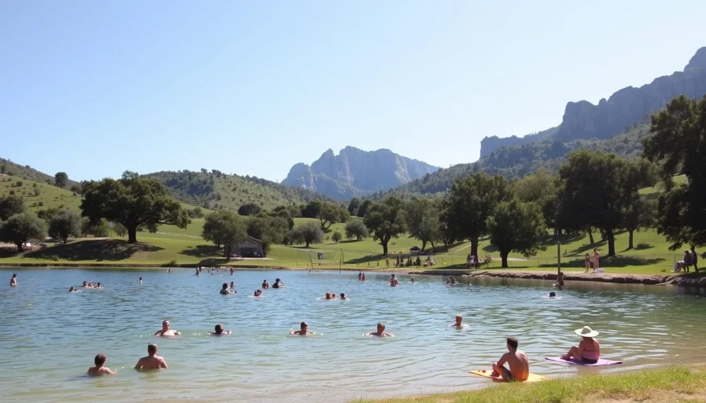 A warm summer day in the Sierra Foothills, California. In the foreground, people enjoying outdoor activities - swimming in a tranquil lake, playing beach volleyball, and lounging on towels. The middle ground features lush green hills dotted with oak trees, casting gentle shadows. In the background, rugged granite peaks rise up, bathed in golden sunlight. A light, airy atmosphere with a touch of humidity. Soft, diffused lighting illuminates the scene, creating a pleasant, picturesque ambiance. Capture the essence of a perfect summer escape in the Sierra Foothills.