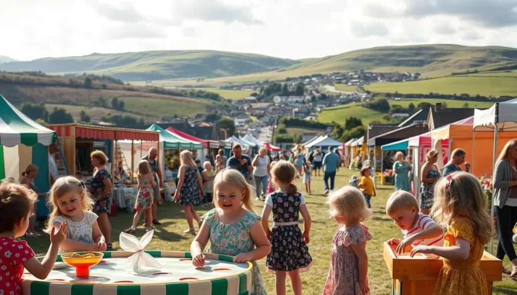A warm, sun-dappled scene at a lively family festival in Connacht, Ireland. In the foreground, children delight in traditional games and activities, their laughter filling the air. Vibrant stalls and colorful tents line the middle ground, offering an array of crafts, foods, and entertainment. In the background, rolling green hills and a quaint village create a picturesque backdrop, conveying a sense of community and celebration. Soft, natural lighting filters through the scene, creating a cozy, inviting atmosphere. Capture the essence of a cherished family-friendly festival experience.